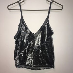 Blue-Grey Crushed Velvet Faux Wrap Crop Top